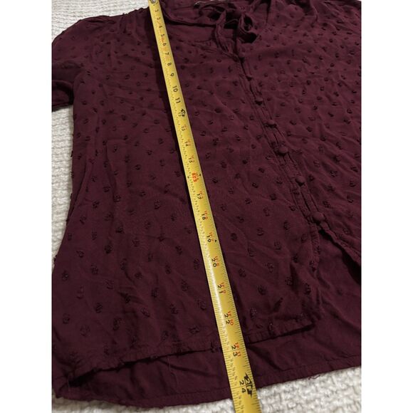 LOFT Burgundy Swiss Dot Tie Neck Button Front Blouse S Romantic Cottagecore - Picture 7 of 8